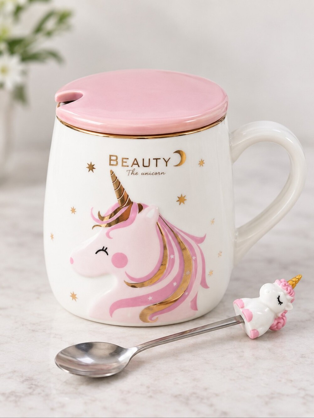 Beauty the Unicorn Ceramic Coffee Mug with Spoon Lid Pink Gold 13oz NEW